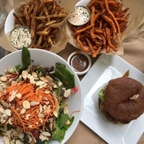 Gluten-free burger, fries, and salad from Pono Burger